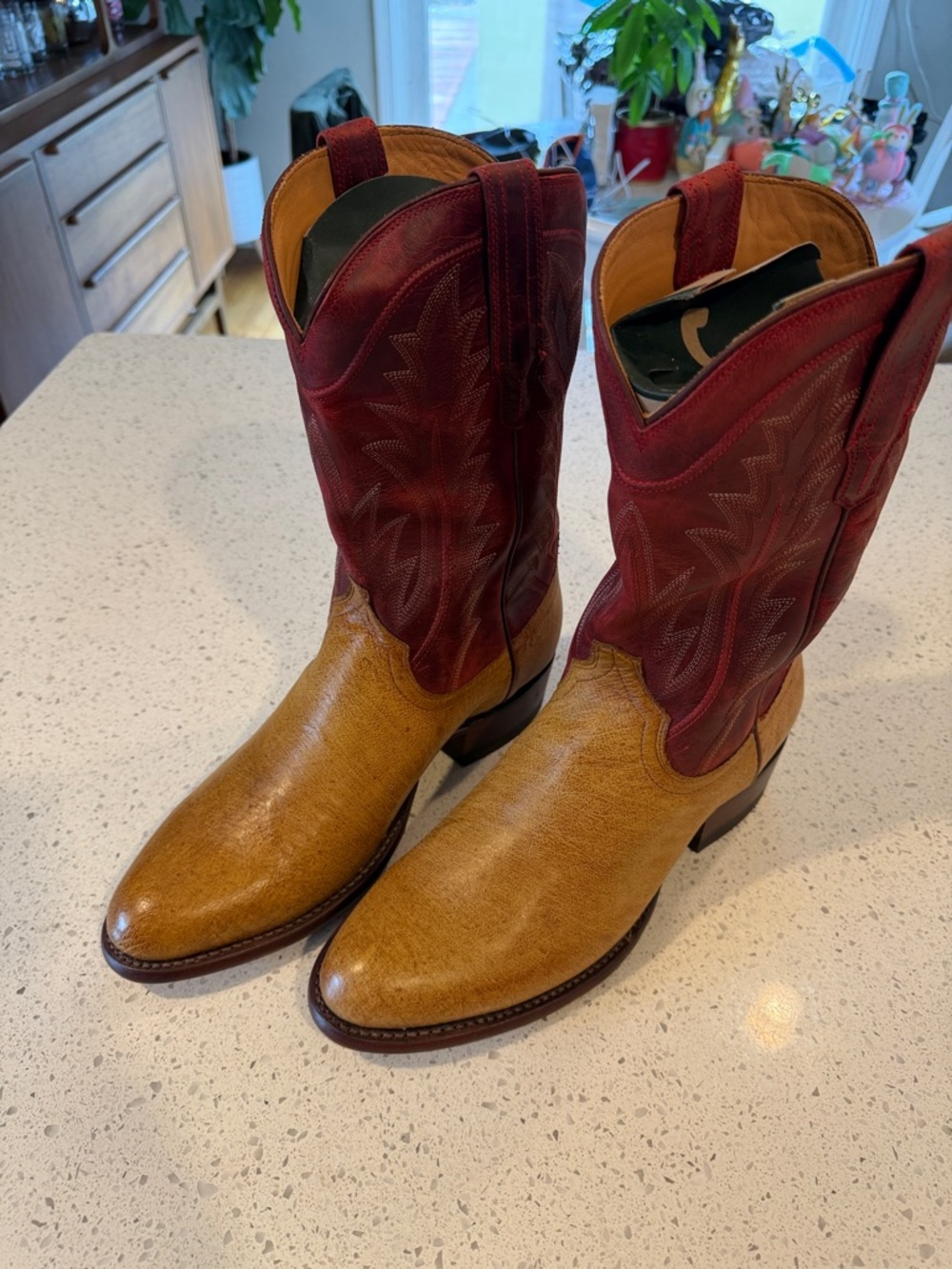 Tecovas Two-Tone Western Boots in Tan & Burgundy
